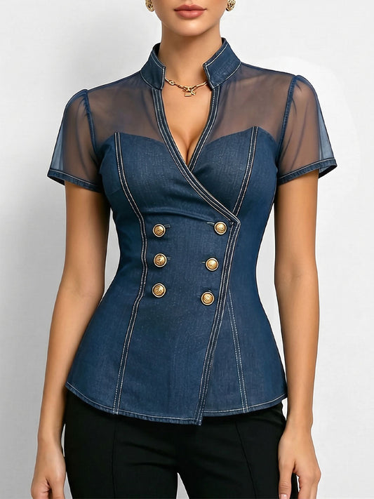 Xae™ | Top informal holgado de manga corta con cuello en V y paneles de denim para mujer