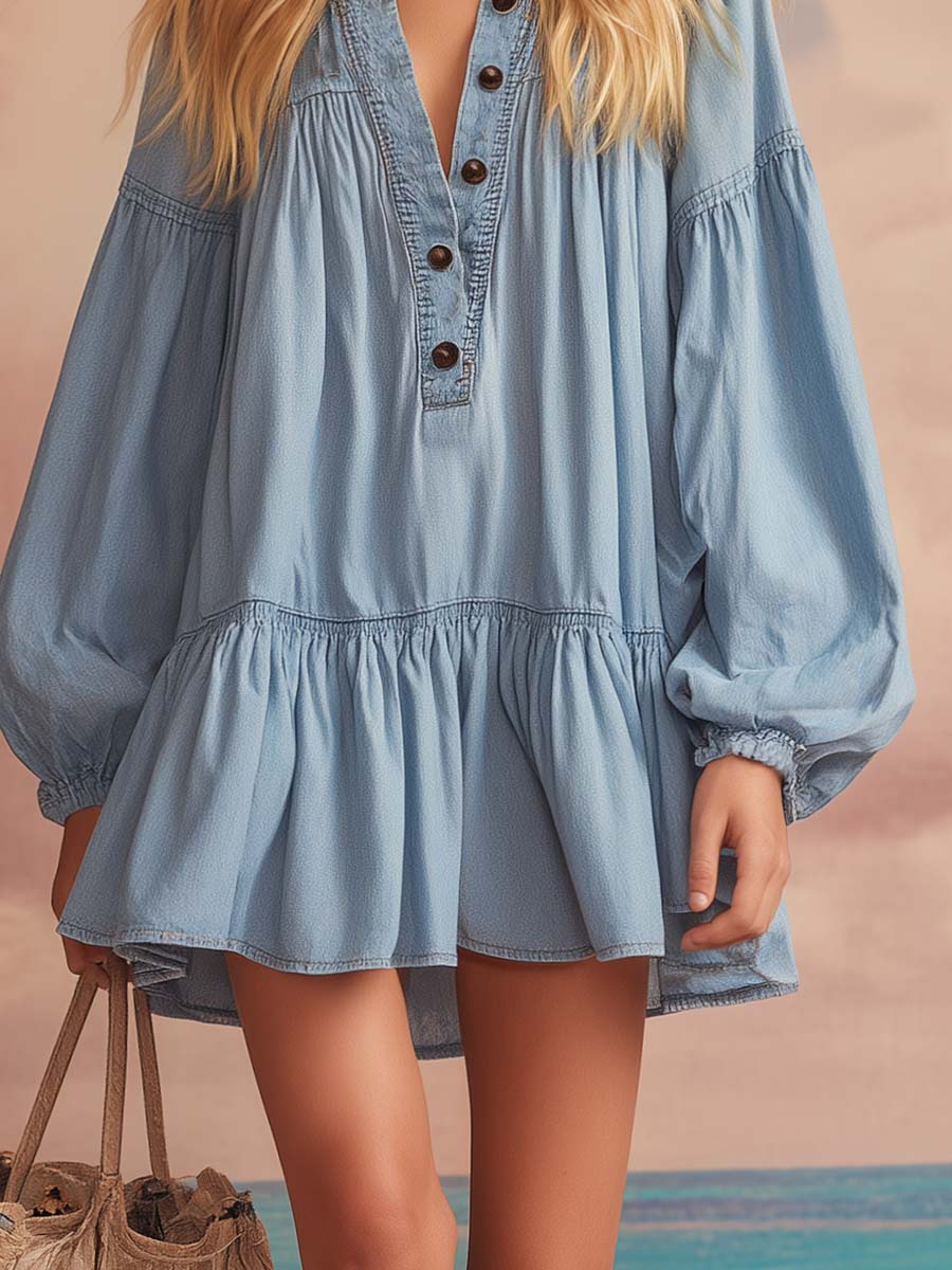 Lavanda™ | Elegante minivestido de denim azul claro de estilo occidental