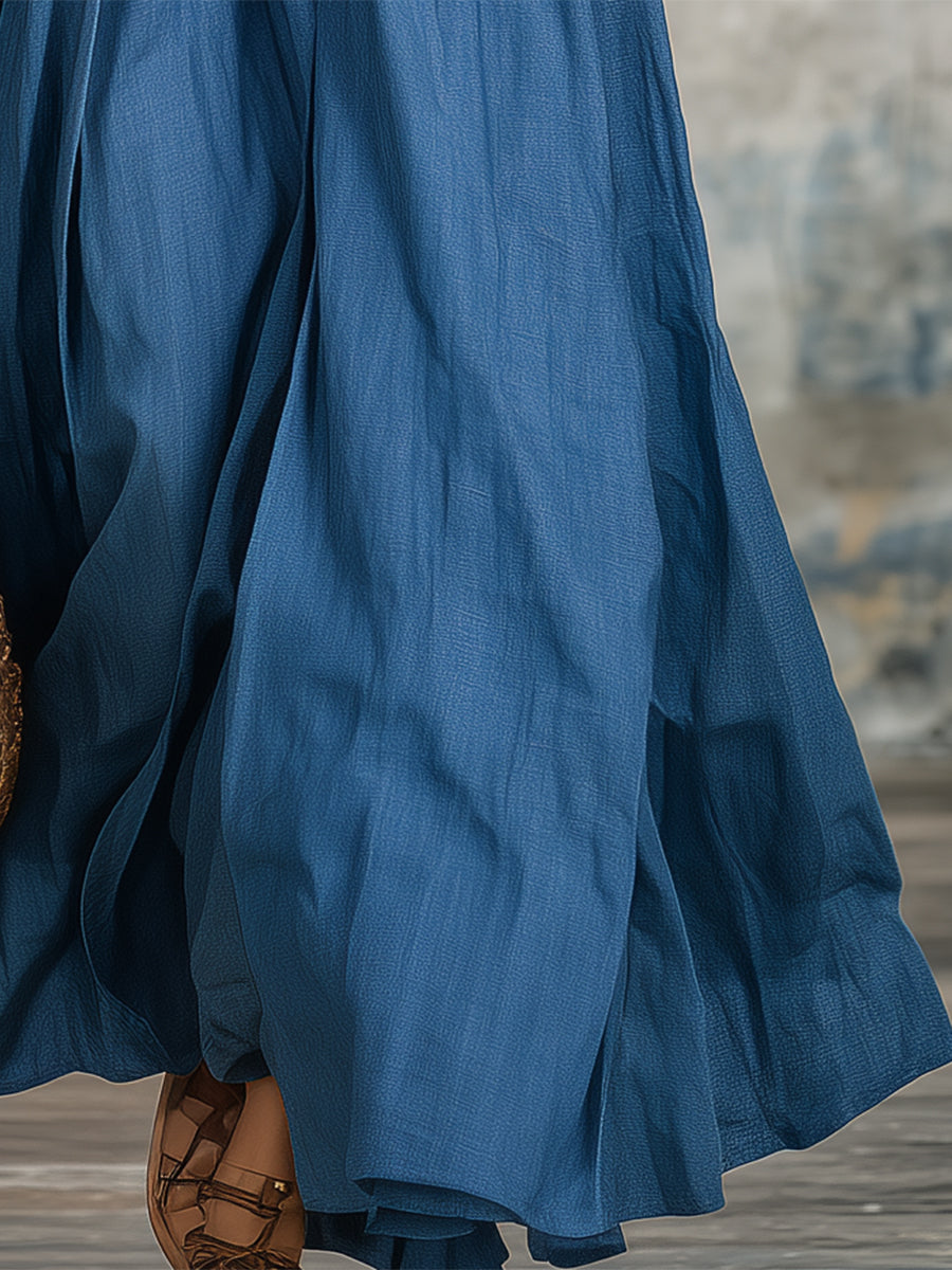 Fluvie™ | Elegante vestido largo de denim azul con cuello en V