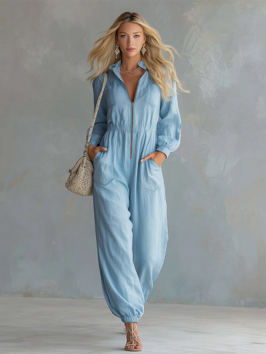 Novaire™ | Mono de manga larga en azul claro, de algodón y lino, con cremallera frontal y estilo urbano elegante