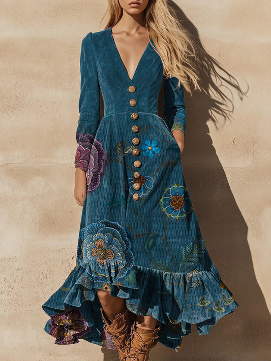 Aqualux™ | Vestido largo de terciopelo elegante para mujer con estampado vintage de flores y bajo con volantes