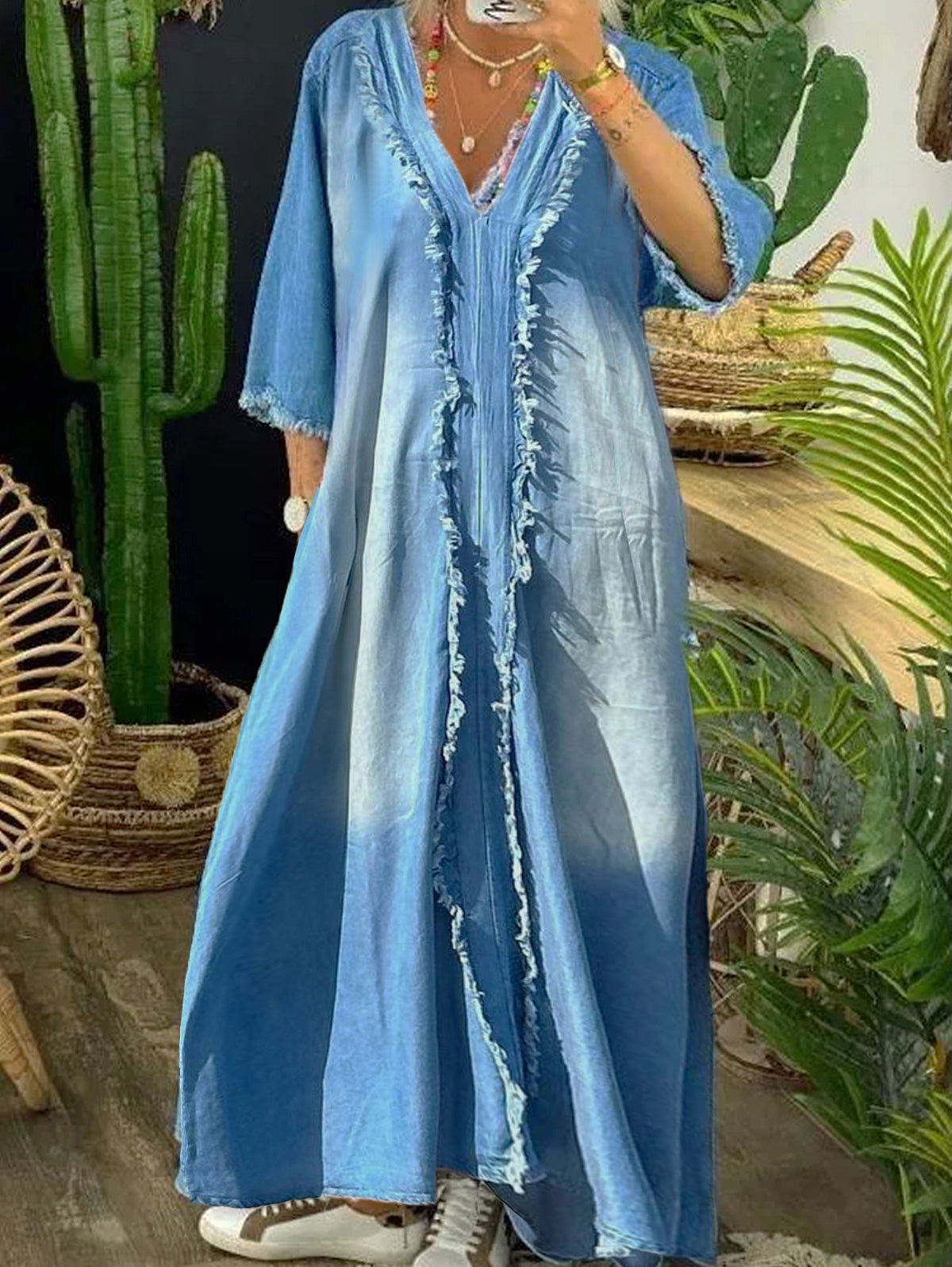 Glacée™ | Vestido largo de Ursime Denim con ribete sin tratar, cuello en V y mangas 3/4