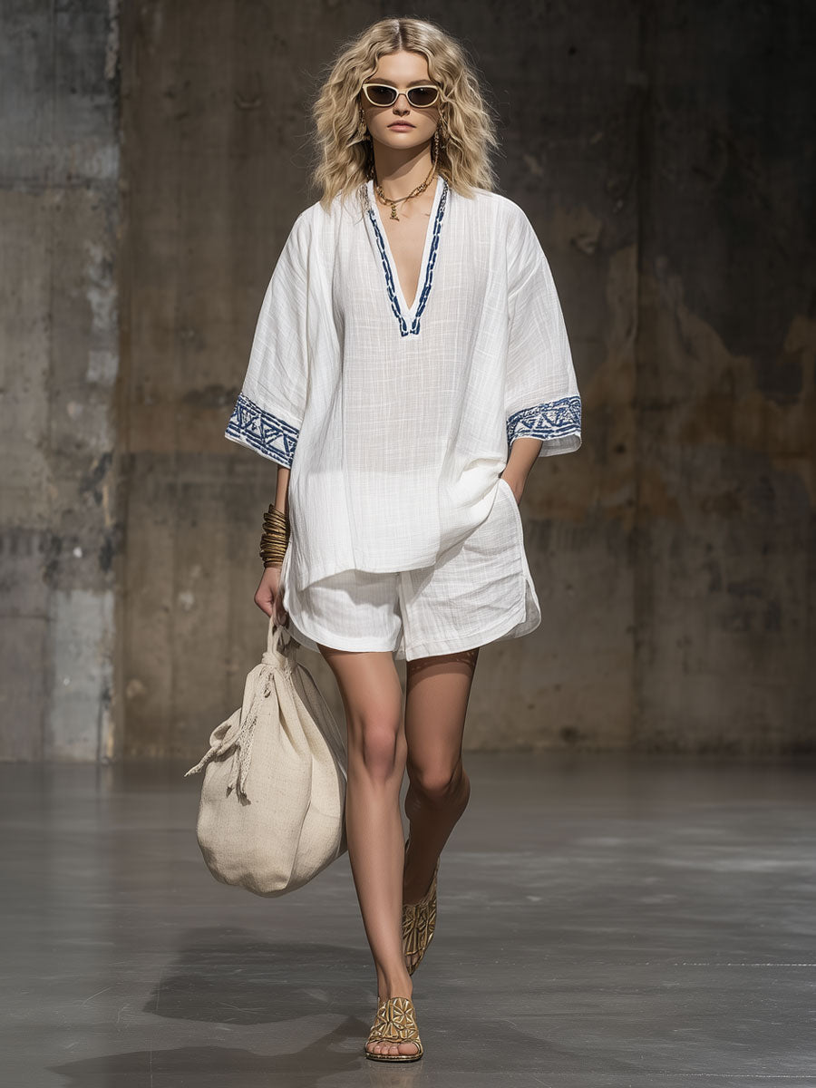 Lunar™ | Conjunto de camiseta de manga corta y pantalones cortos de algodón y lino blanco con bordados de estilo bohemio