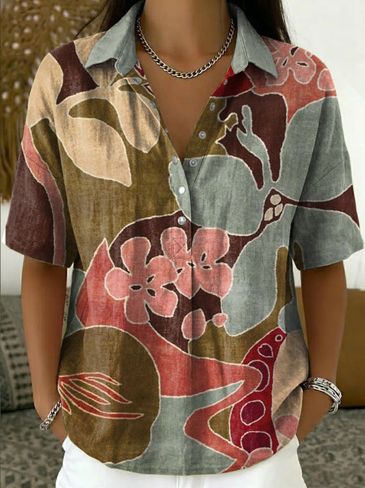 Solar™ | Camisa de manga corta de algodón y lino con estampado floral vintage