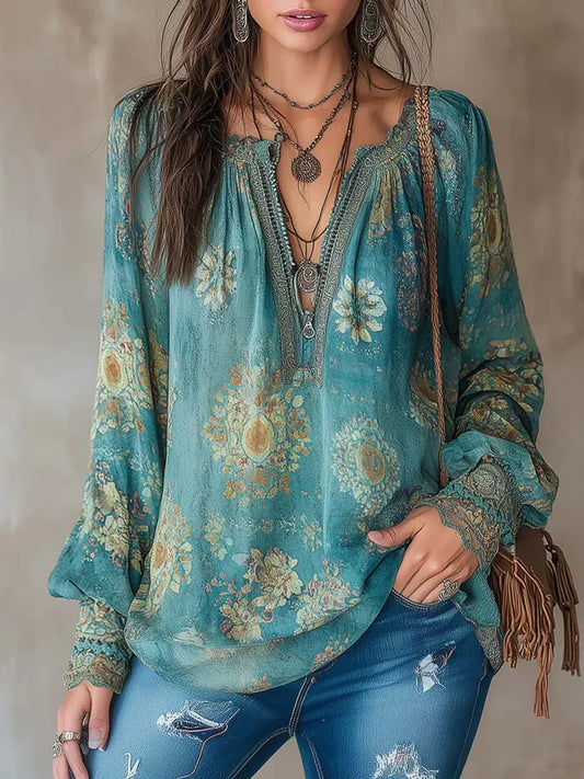 Slyn™ | Camisa informal de algodón de manga larga con estampado floral étnico para mujer