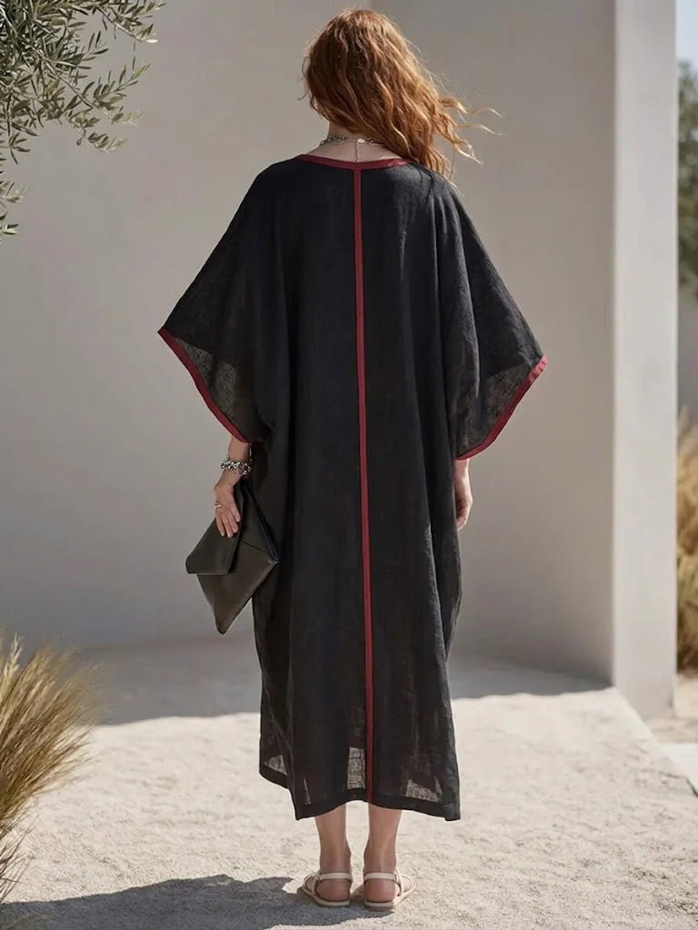 Tulle™ | Vestido de mujer con superposición de lino en bloques de color negro y rojo