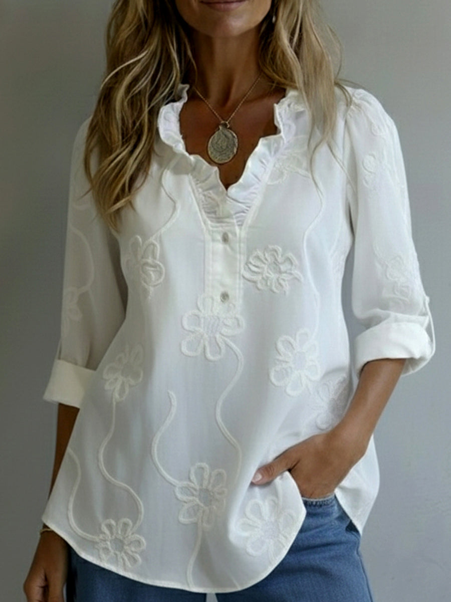 Voile™ | Camisa floral de estilo retro romántico con cuello con volantes