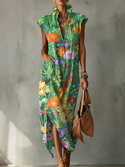 Ebba™ | Vestido de algodón y lino con cuello redondeado para mujer, con estampado floral decorativo de colores vivos