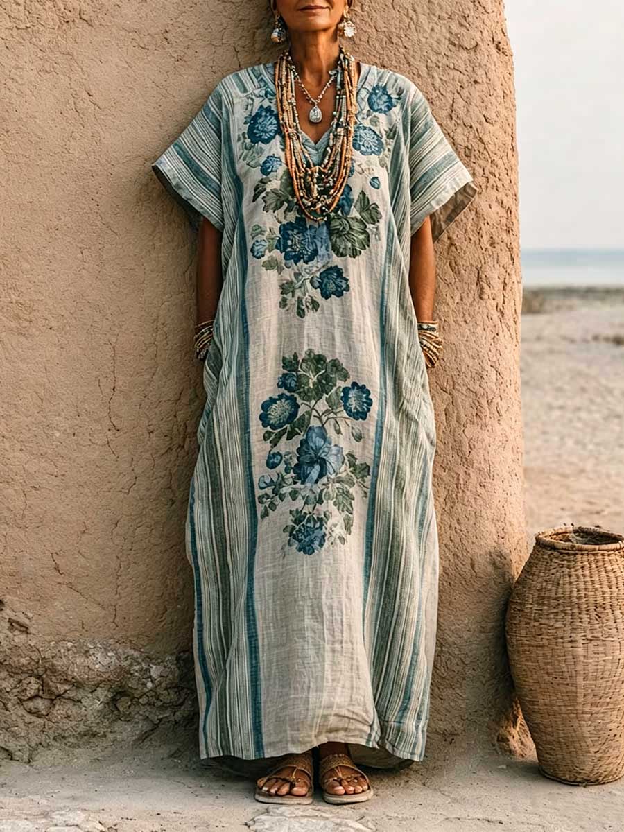 Chiffon™ | Vestido informal holgado de algodón y lino para mujer, con cuello en V, mangas cortas y estampado aplicado