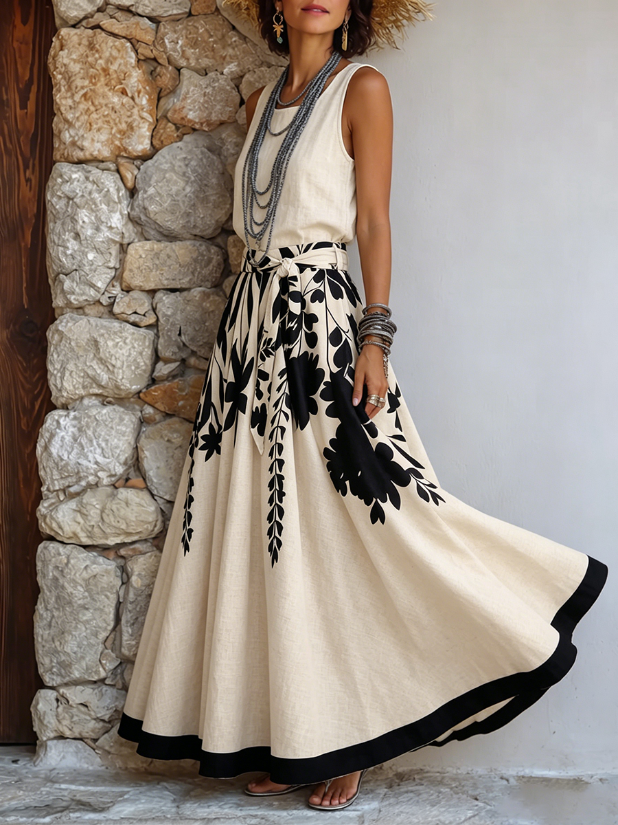 Void™ | Conjunto de dos piezas (falda y top) de algodón y lino con estampado artístico de flores y hojas
