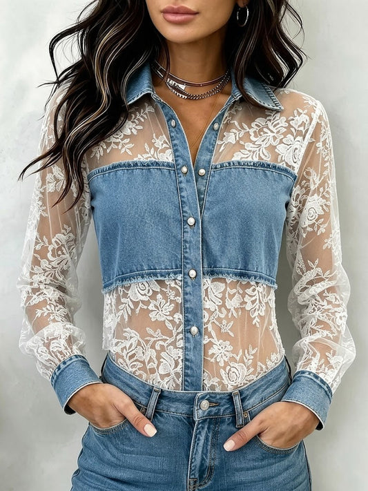 Caterina™ | Camisa elegante y sexy de denim y encaje con detalles de costura