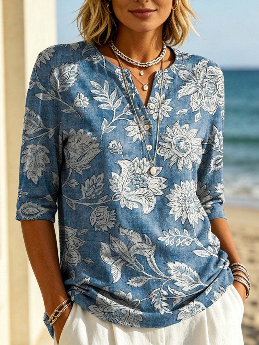 Zx™ | Camiseta clásica informal de mujer con cuello Henley y estampado floral, 100 % algodón