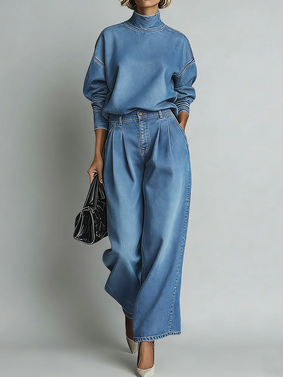 Henrietta™ | Conjunto de blusa informal holgada de denim de manga larga y cuello alto para mujer y pantalones informales holgados de denim de cintura alta y pierna ancha.
