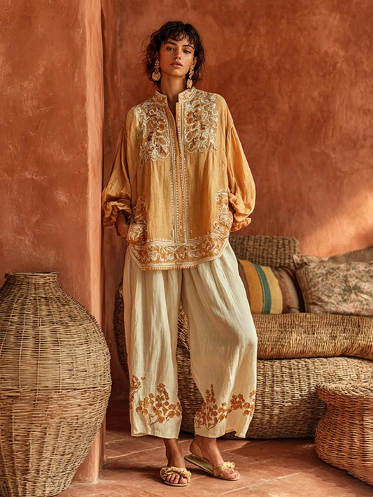 Wx™ | Conjunto de dos piezas (top y pantalón) de lino y algodón con estampado floral bohemio