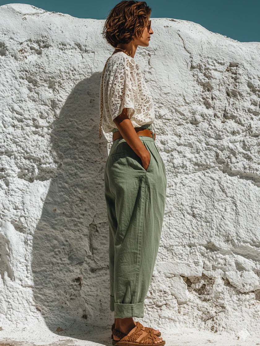 Verse™ | Conjunto informal y elegante de dos piezas: top de encaje y pantalones de lino y algodón