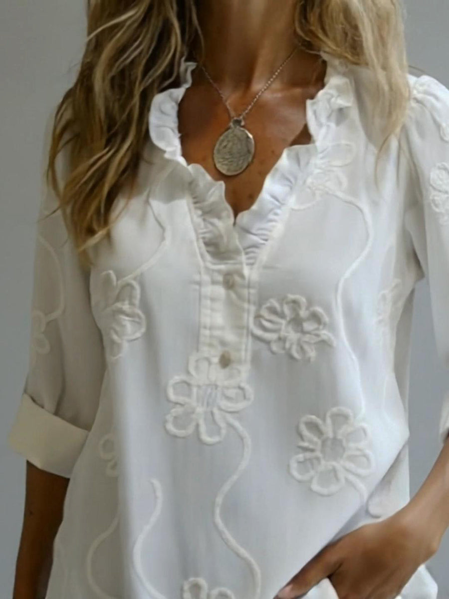 Voile™ | Camisa floral de estilo retro romántico con cuello con volantes