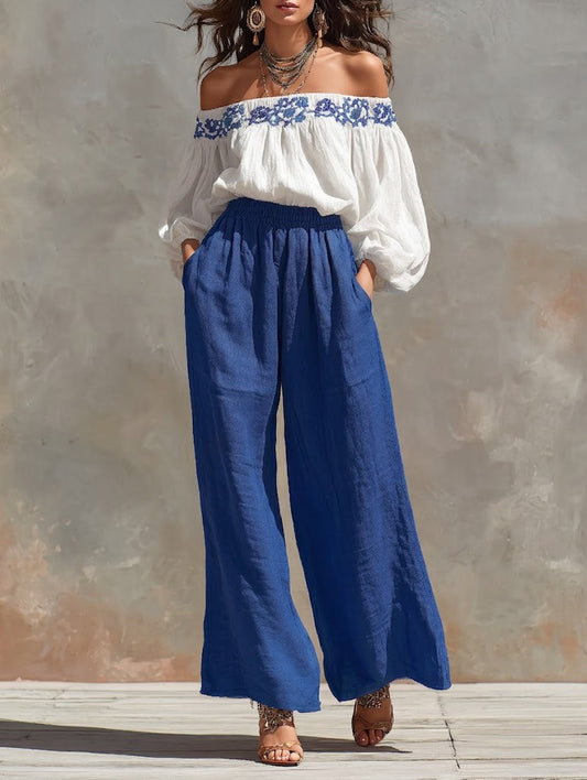Sideris™ | Elegante conjunto de dos piezas compuesto por top y pantalón de lino y algodón con hombros al aire