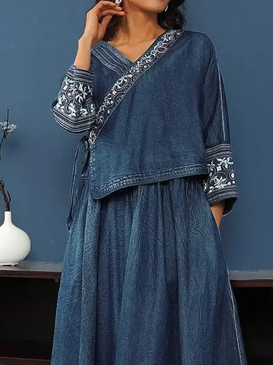 Valentina™ | Conjunto de blusa y falda vaqueras con cuello en V de estilo retro y motivos étnicos