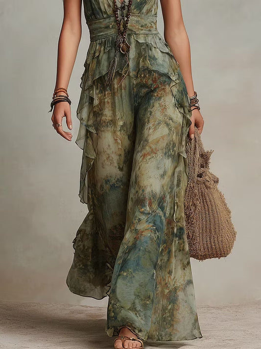 Green Watercolor Print Tiered Ruffle Chiffon Halter Neck Jumpsuit