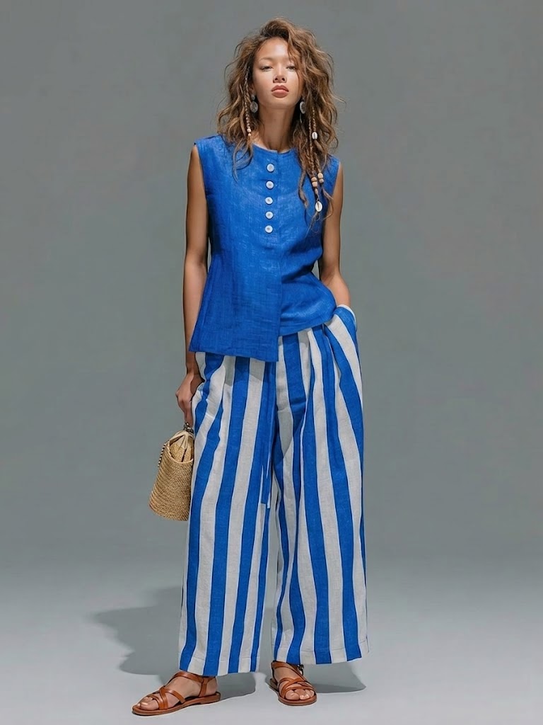 One™ | Conjunto de dos piezas compuesto por un top sin mangas informal de lino y algodón y unos pantalones a rayas