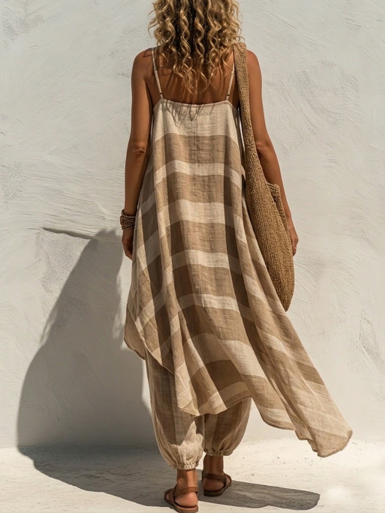 Pure™ | Conjunto de dos piezas de lino y algodón a rayas, cómodo y desenfadado: top de tirantes finos y pantalones acampanados