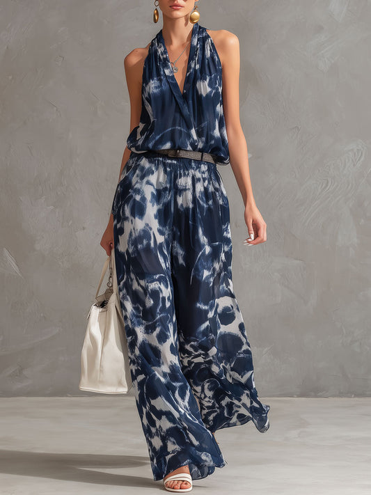 Blux™ | Conjunto de gasa con estampado abstracto para mujer: top sin mangas de corte holgado con cuello en V y pantalones de pierna ancha con cintura elástica