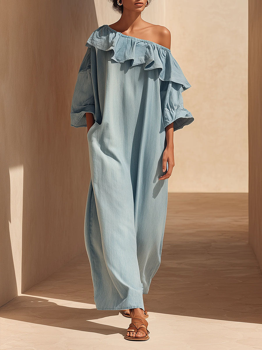 Sera™ | Vestido informal holgado de denim con hombros al aire y mangas 3/4 para mujer