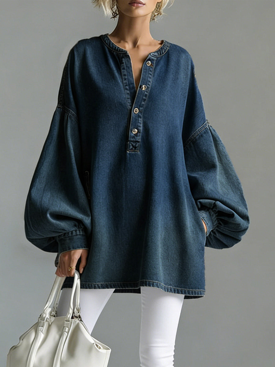 Xylo™ | Camiseta informal holgada de denim de manga larga con cuello en V para mujer