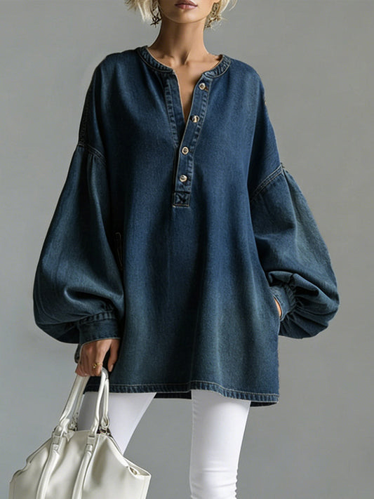 Xylo™ | Camiseta informal holgada de denim de manga larga con cuello en V para mujer