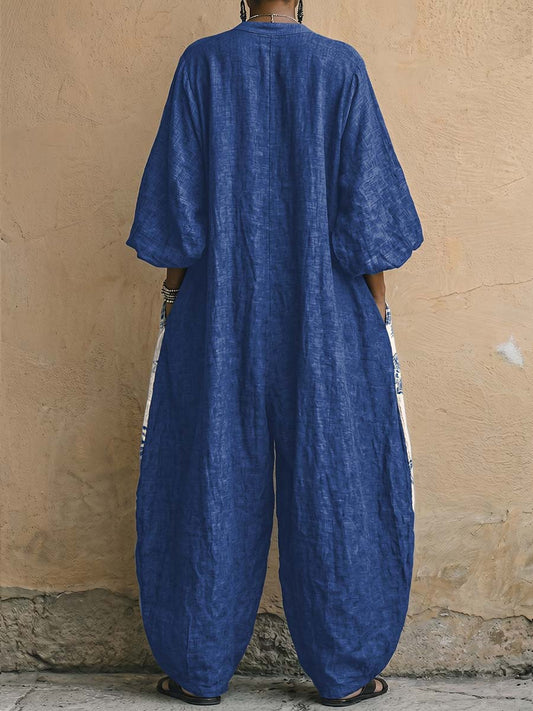 Vintage-style Elegant Floral Decorative Pattern Women's Long Sleeve V Collar Cotton Linen Jumpsuit