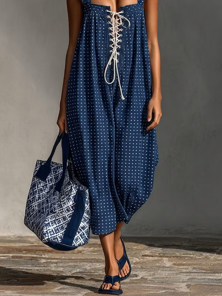 Polka-dot Belted Wide-leg Cotton Jumpsuit