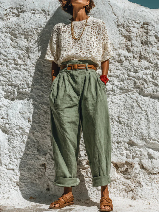 Verse™ | Conjunto informal y elegante de dos piezas: top de encaje y pantalones de lino y algodón