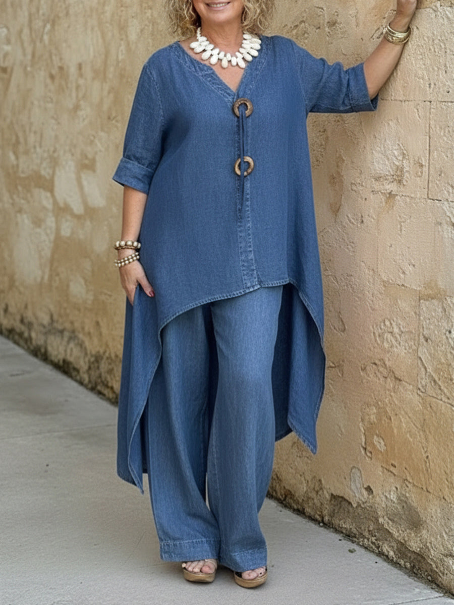 Anastasia™ | Conjunto de dos piezas compuesto por un top informal de denim con detalles de botones y unos pantalones de pierna ancha