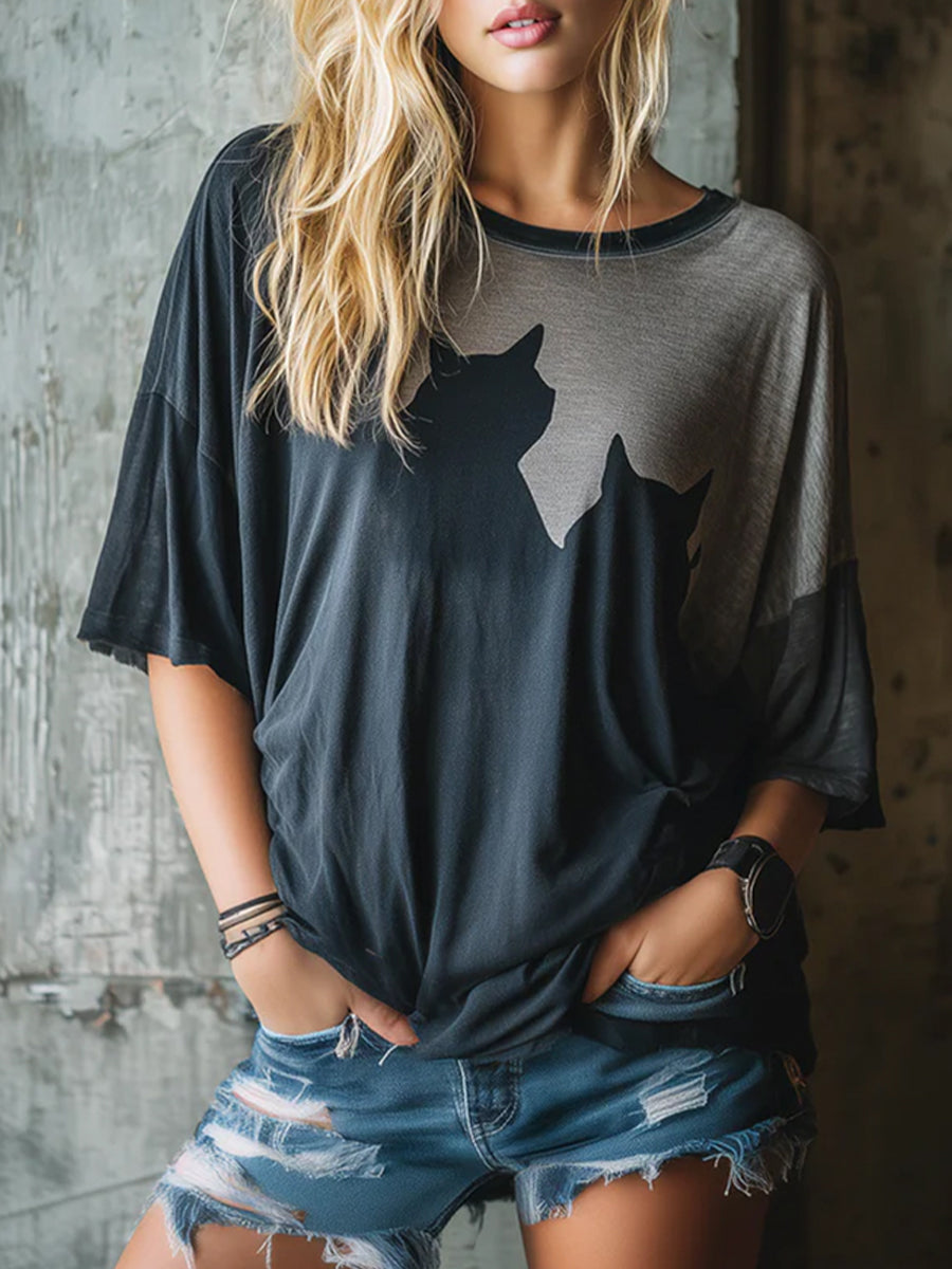 Brocad™ | Camiseta holgada y cómoda de algodón con estampado de silueta de gatito
