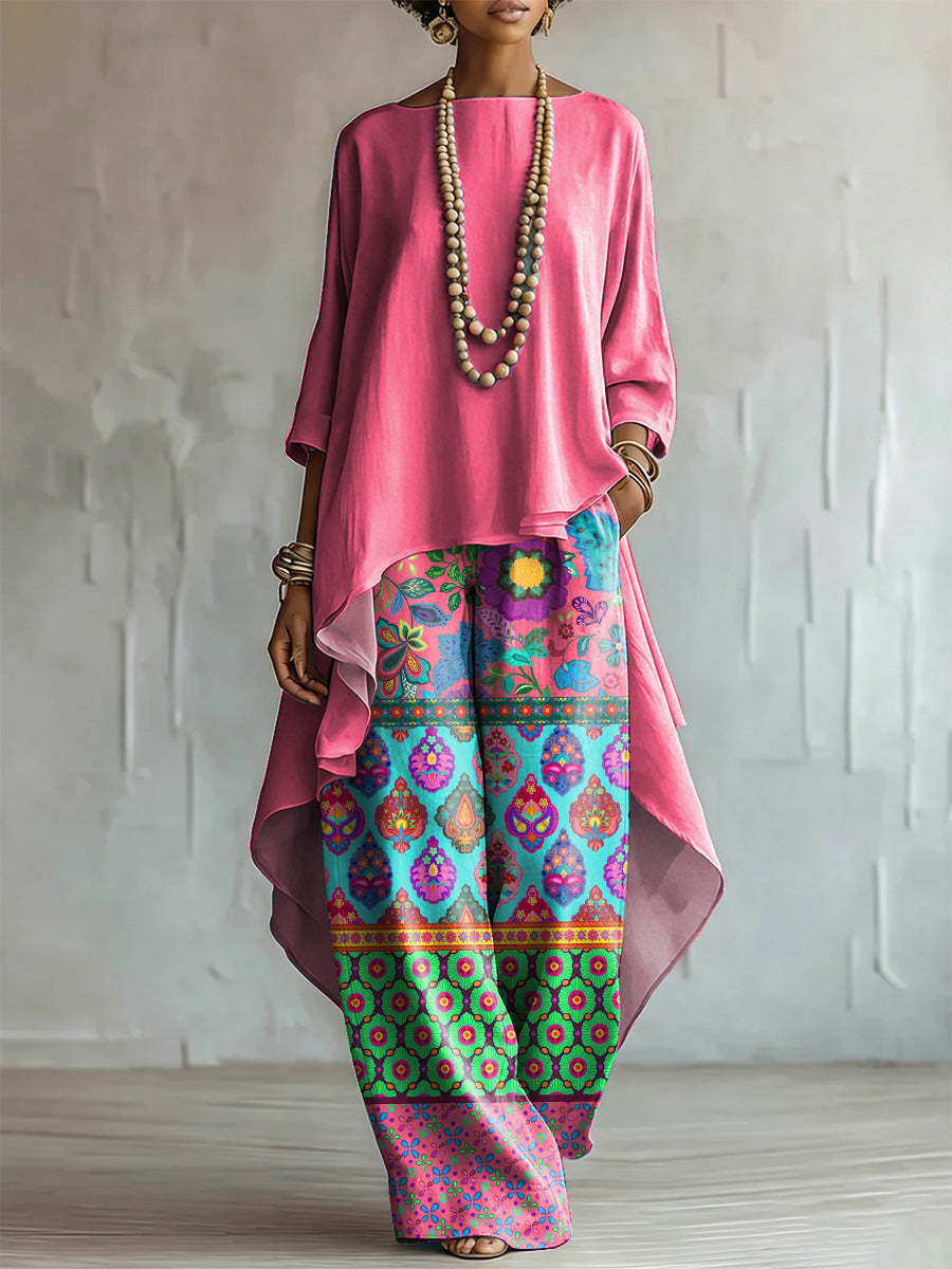 Muslin™ | Conjunto compuesto por un top holgado de algodón y lino y unos pantalones anchos de estilo étnico con estampado floral