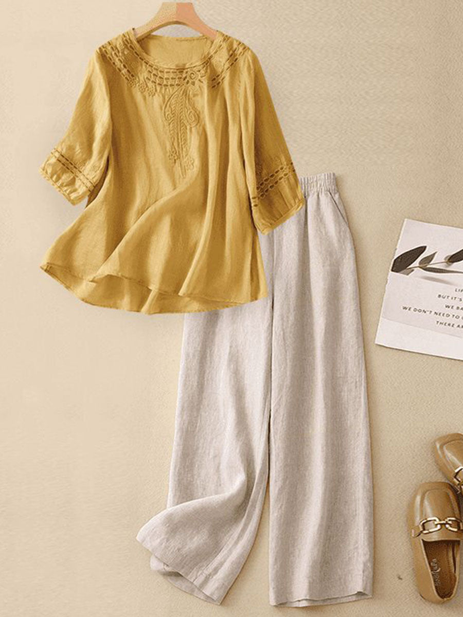 Stark™ | Conjunto de dos piezas para mujer compuesto por un top bordado de algodón y lino y unos pantalones informales de corte ancho