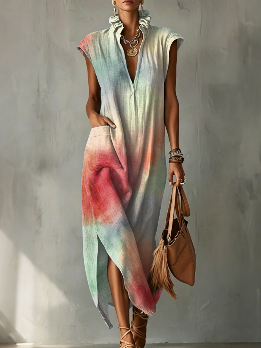 Wire™ | Vestido sin mangas de lino y algodón con cuello redondo y estampado decorativo degradado