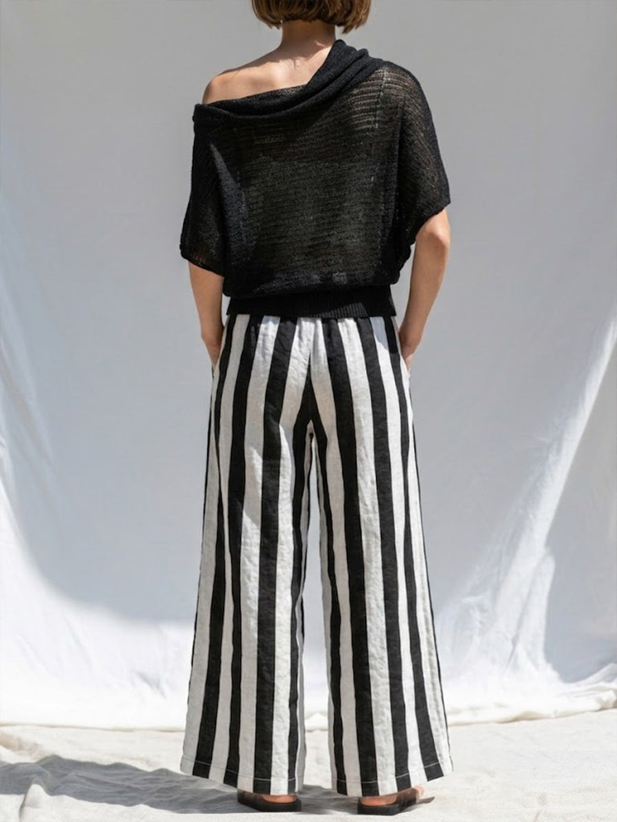 Astrid™ | Conjunto de dos piezas informal y cómodo: top de punto y pantalones a rayas de lino y algodón