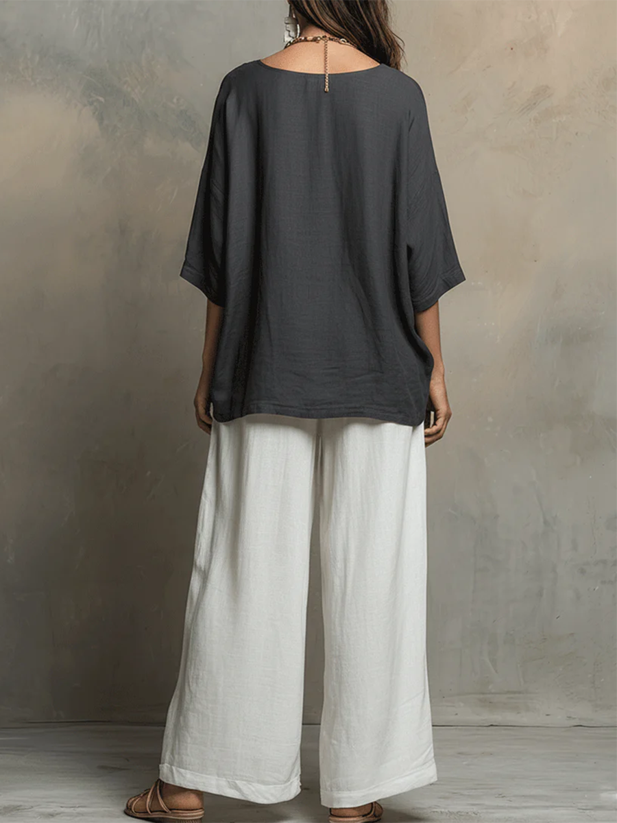 Satori™ | Conjunto de dos piezas compuesto por un top holgado de algodón y lino y unos pantalones de pierna ancha