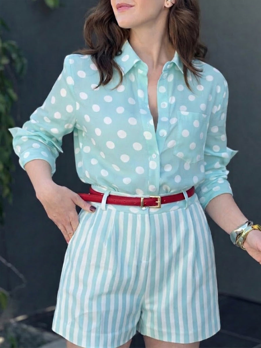 Shadowlux™ | Camisa de lino y algodón con lunares y pantalones cortos a rayas