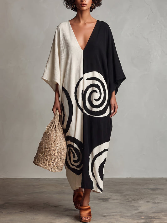 Volt™ | Vestido de algodón y lino con diseño artístico en blanco y negro y remolinos en bloques de color