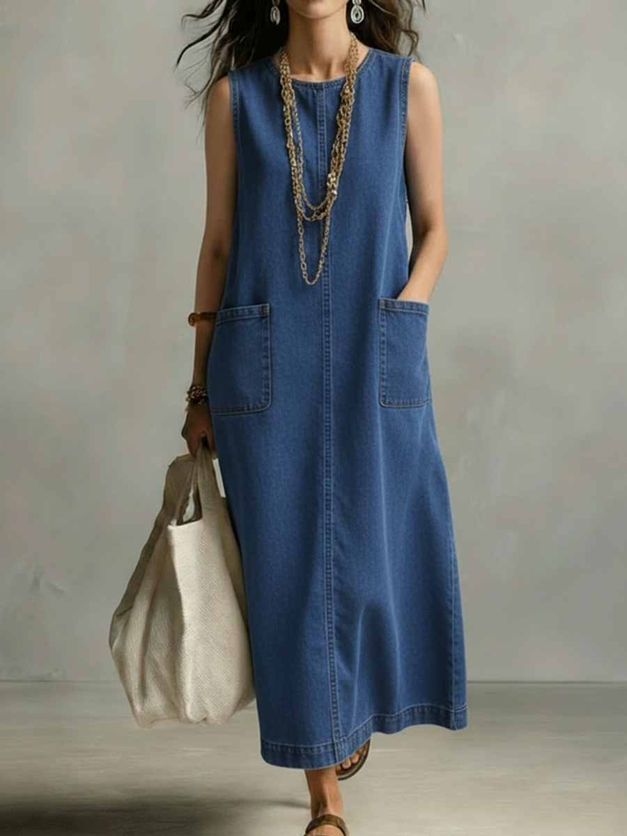 Lotu™ | Vestido vaquero informal y minimalista con bolsillos de parche