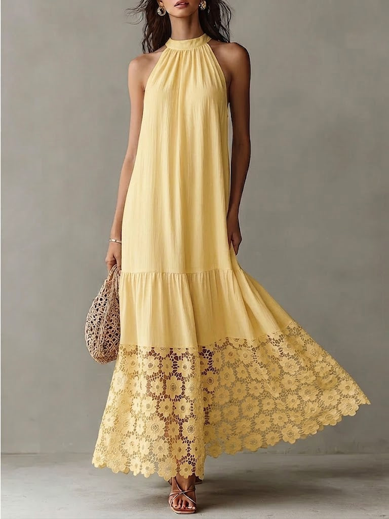 Ananda™ | Vestido informal sin mangas de lino y algodón con dobladillo de encaje