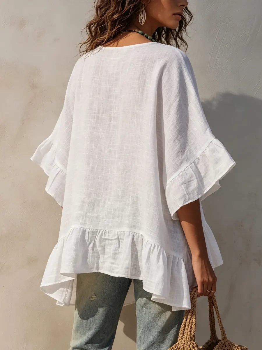 Linum™ | Top holgado informal de algodón y lino para mujer con volantes