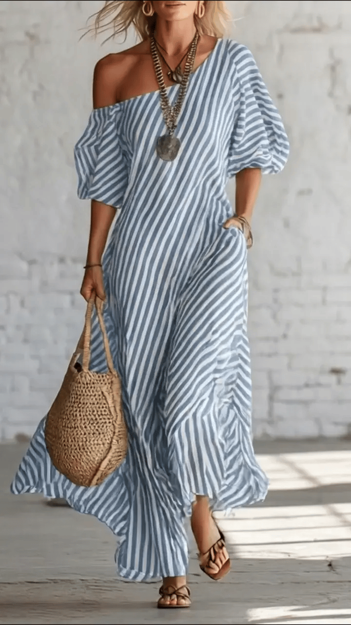 Wynd™ | Elegante y clásico vestido largo de rayas con hombros descubiertos