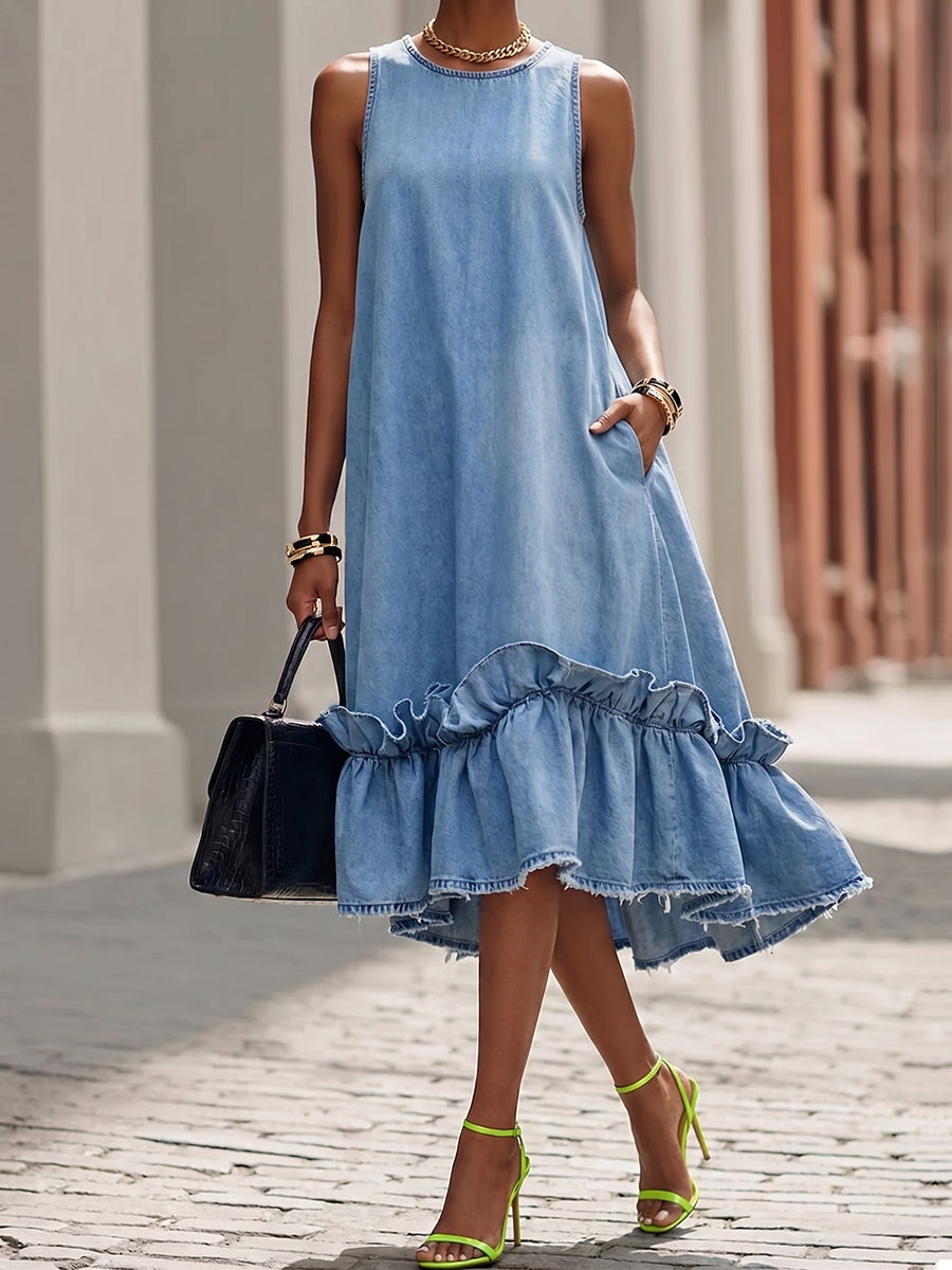 Sgny™ | Vestido midi informal de vaquero con volantes y corte en A