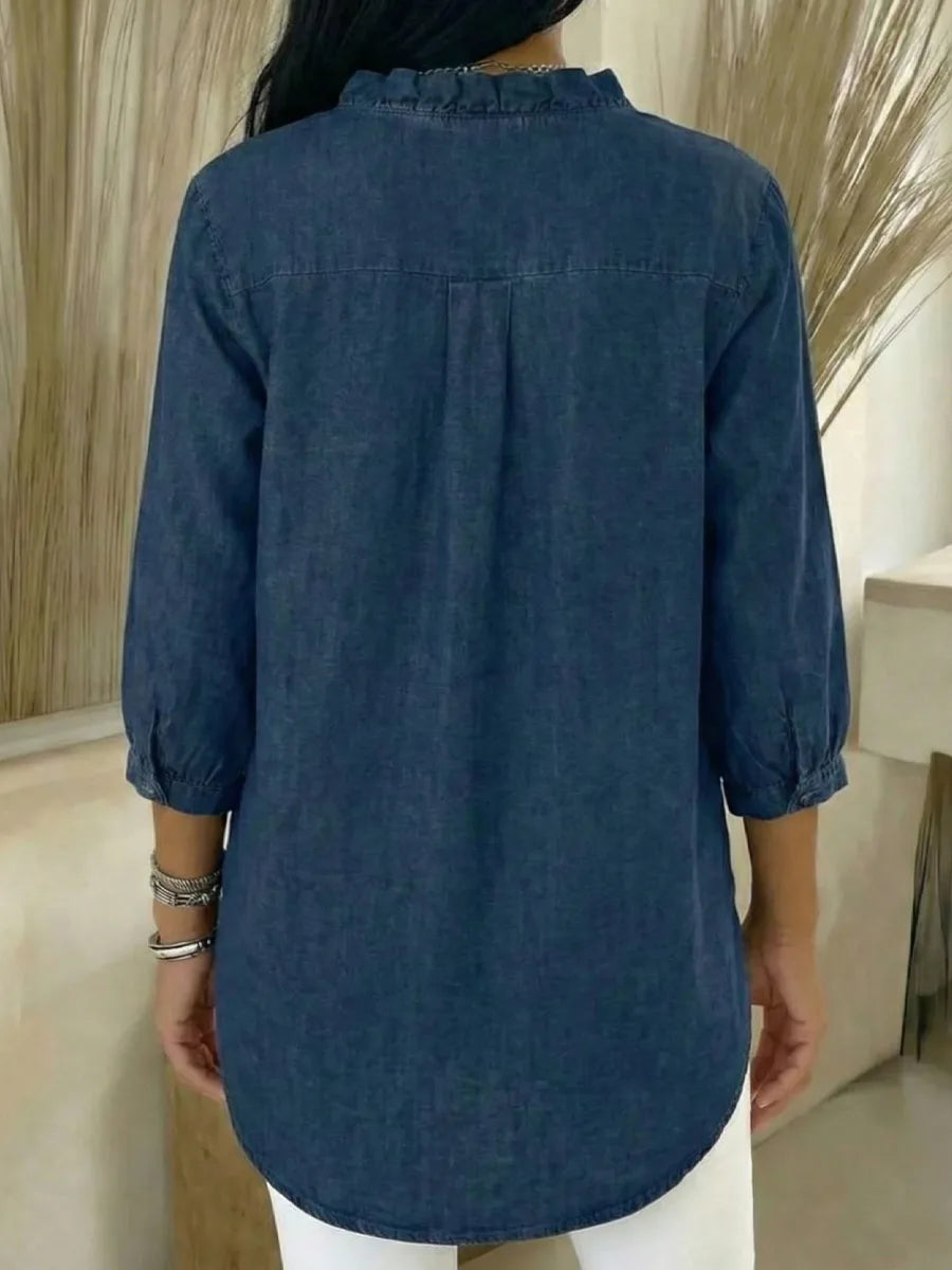 Maximila™ | Camisa informal de mujer de denim con cuello en V y volantes