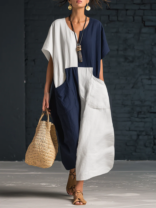 Byte™ | Elegante vestido midi holgado de lino y algodón con bloques de color