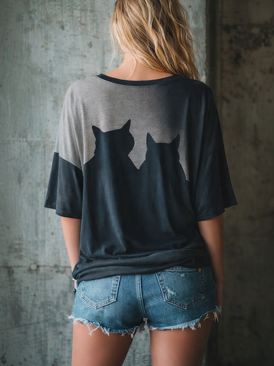 Brocad™ | Camiseta holgada y cómoda de algodón con estampado de silueta de gatito