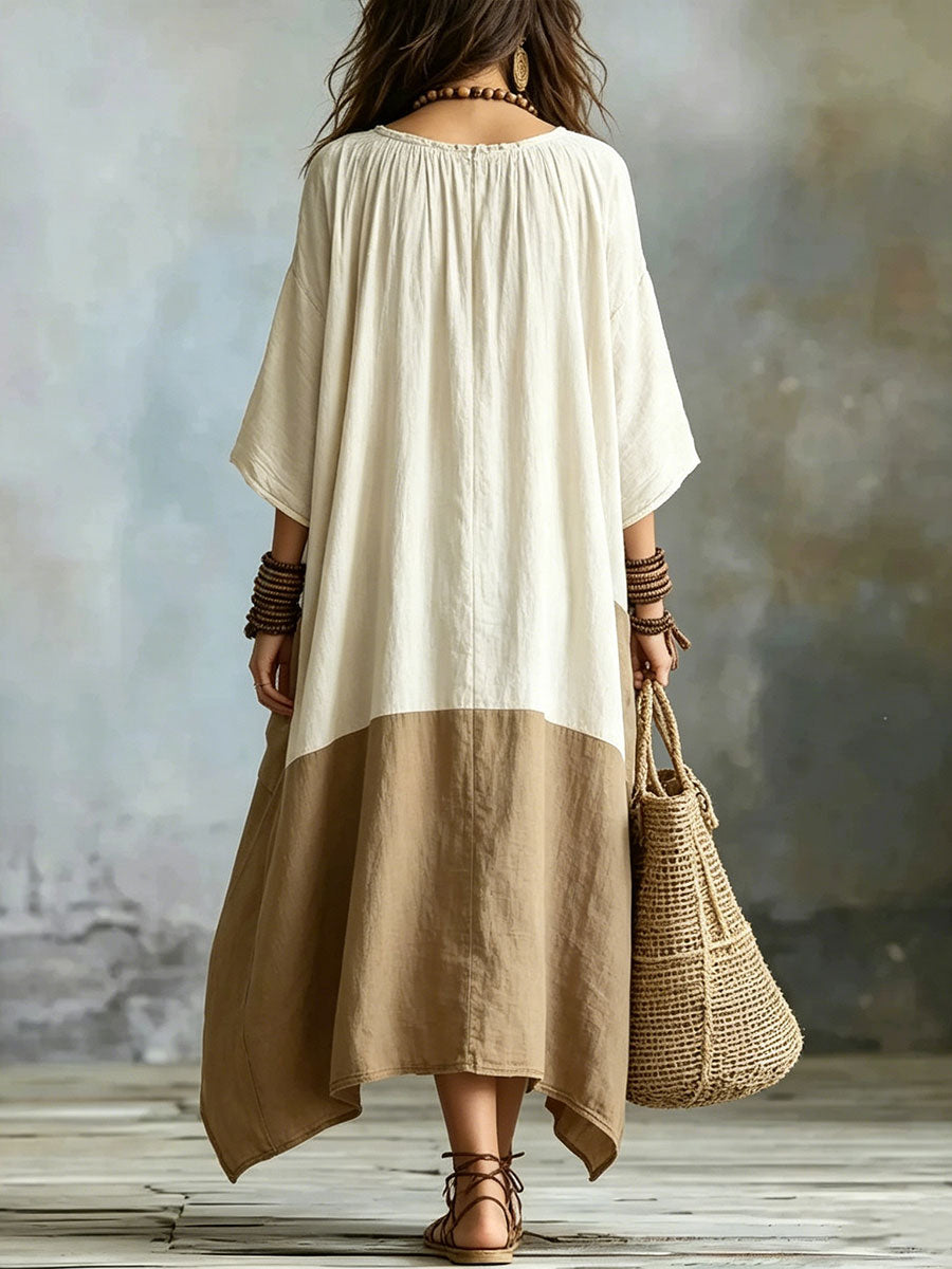 Vx™ | Vestido de algodón y lino con patchwork y bloques de color — Cuello redondo, mangas tres cuartos, corte holgado
